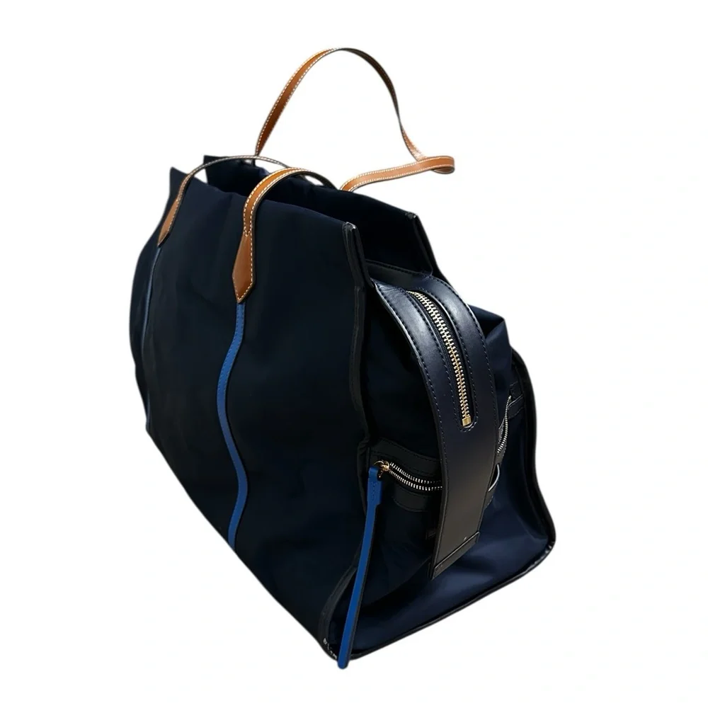 Tory Burch The Perry Overnight Travel Bag Blue Nylon Faux Leather Trim One Size